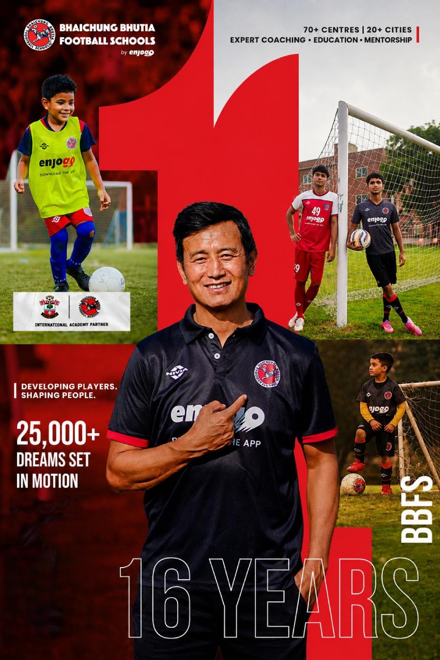 Bhaichung Bhutia with young BBFS players representing the complete BBFS football development journey